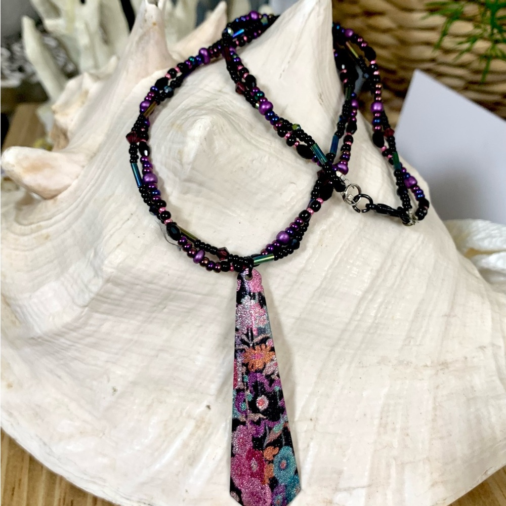 Purple & Black Floral Multi-strand Beaded Necklace - Picture 6 of 8